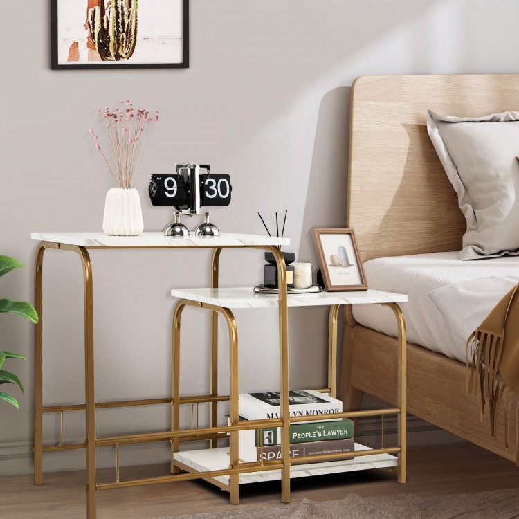 Compact faux marble nesting tables with gold powder-coated steel, perfect for small spaces and versatile use.